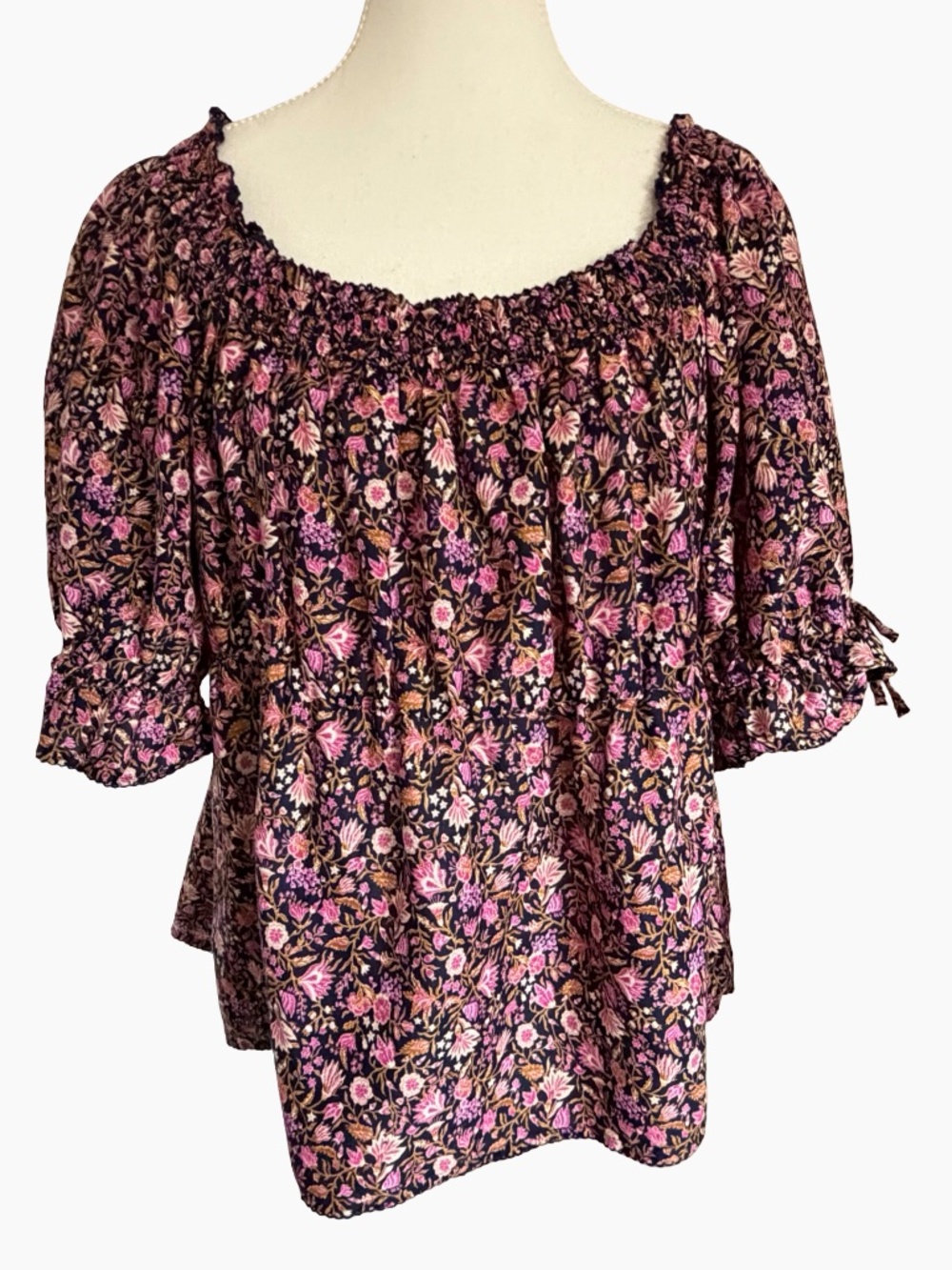 Old Navy Navy/Pink Floral Square Net Smocked Back Summer Casual Top-Sz-XL